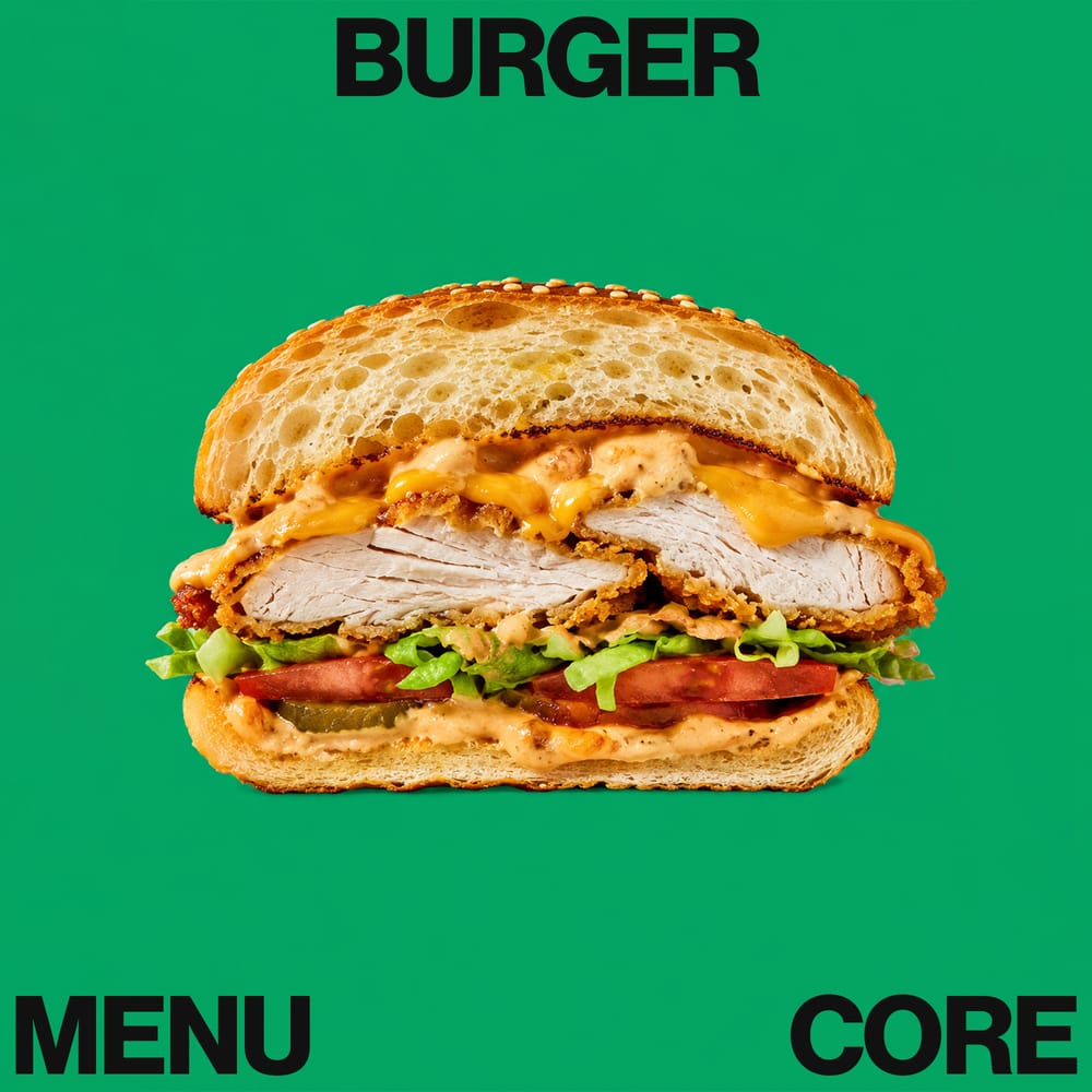 Bold green burger menu editorial card with large BURGER MENU CORE typography
