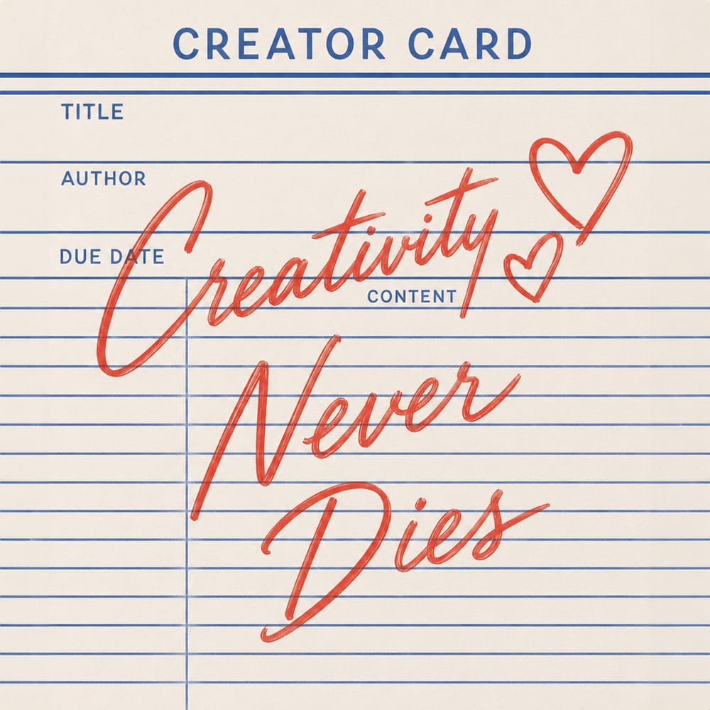 Creator card with script text reading Creativity Never Dies on lined notebook paper background