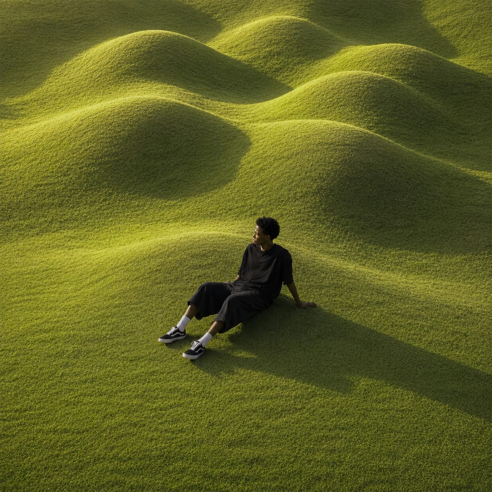 Lone person sitting on rolling green sand dunes aerial landscape photography