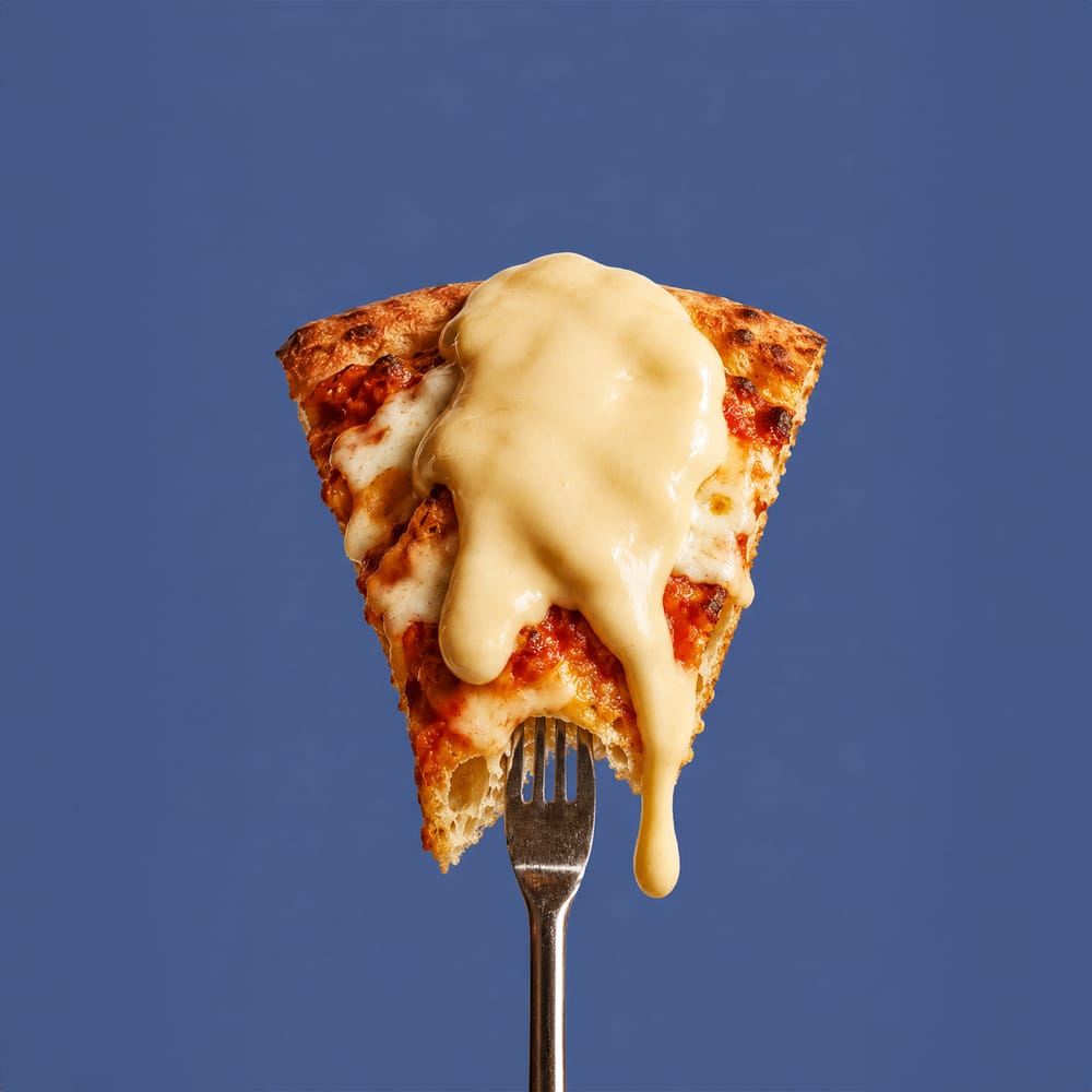 Pizza slice held up against deep navy blue background food photography
