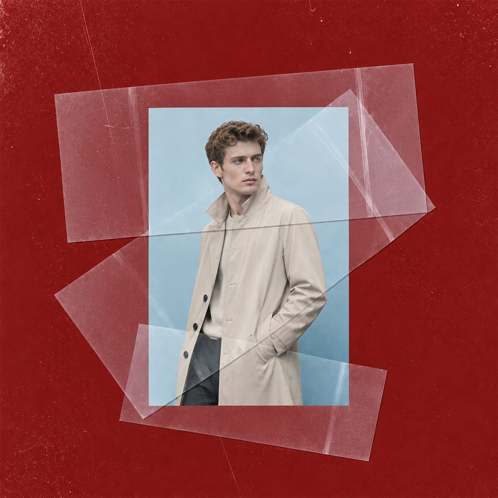 Editorial fashion portrait collage with transparent overlapping layers on deep red background