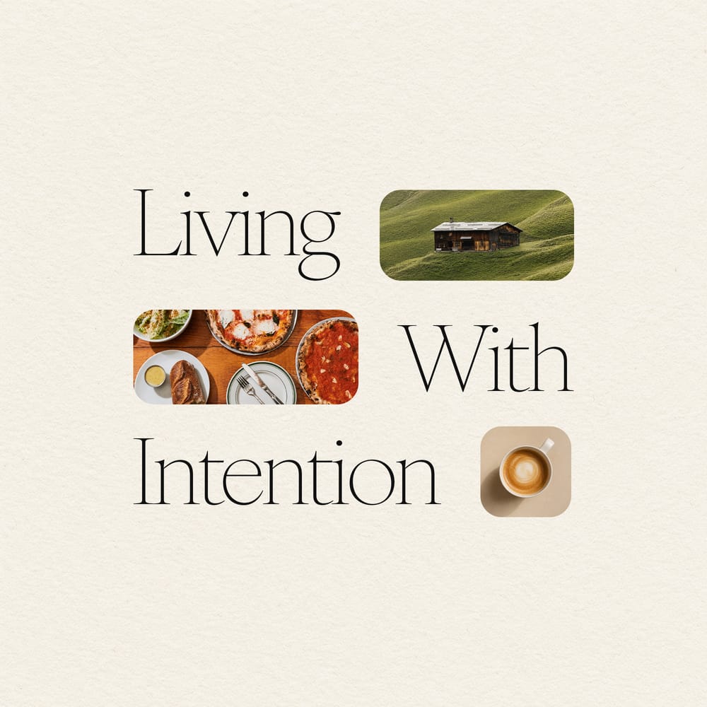 Editorial lifestyle card reading Living With Intention with food and nature imagery collage