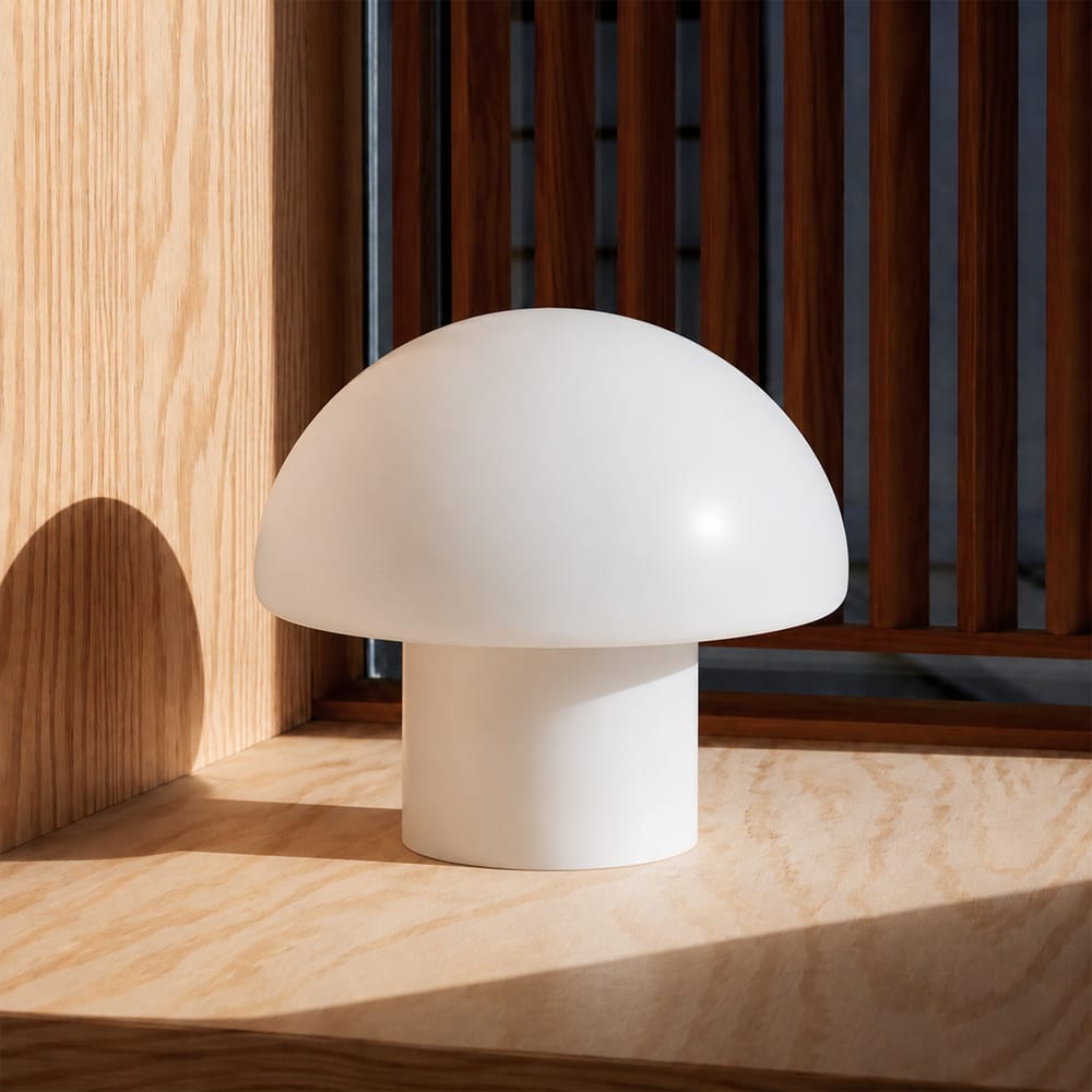 White mushroom shaped lamp on warm wooden surface interior design detail photography