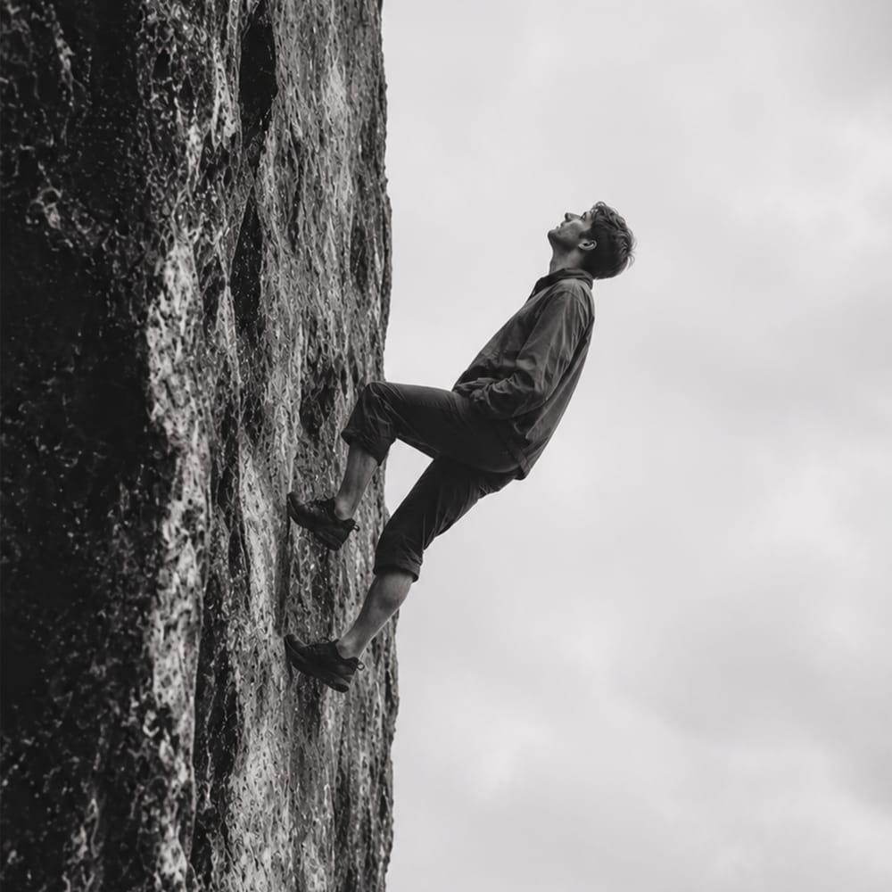 Person rock climbing on textured stone wall black and white photography