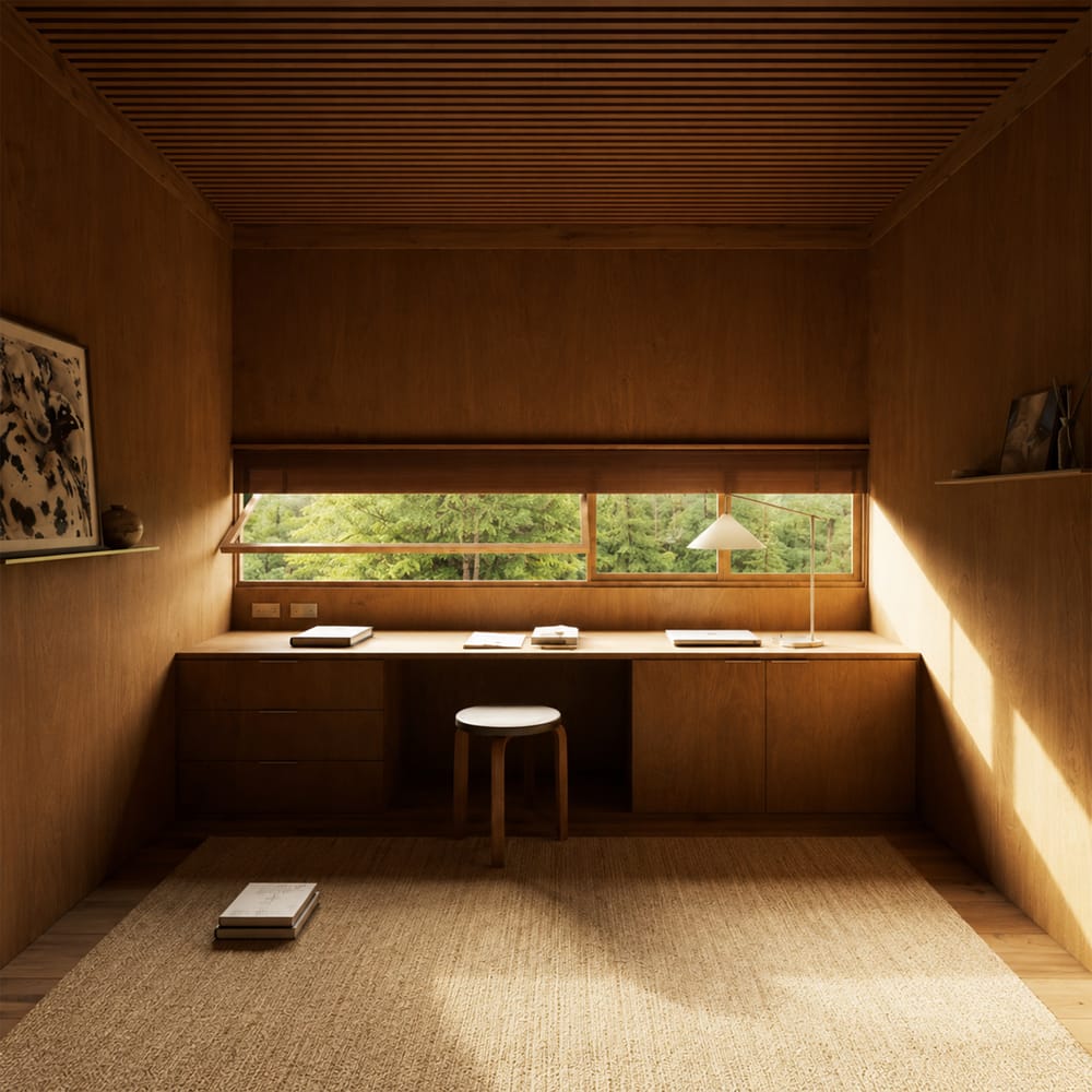 Minimal Japanese-inspired interior with warm wood tones and soft natural light