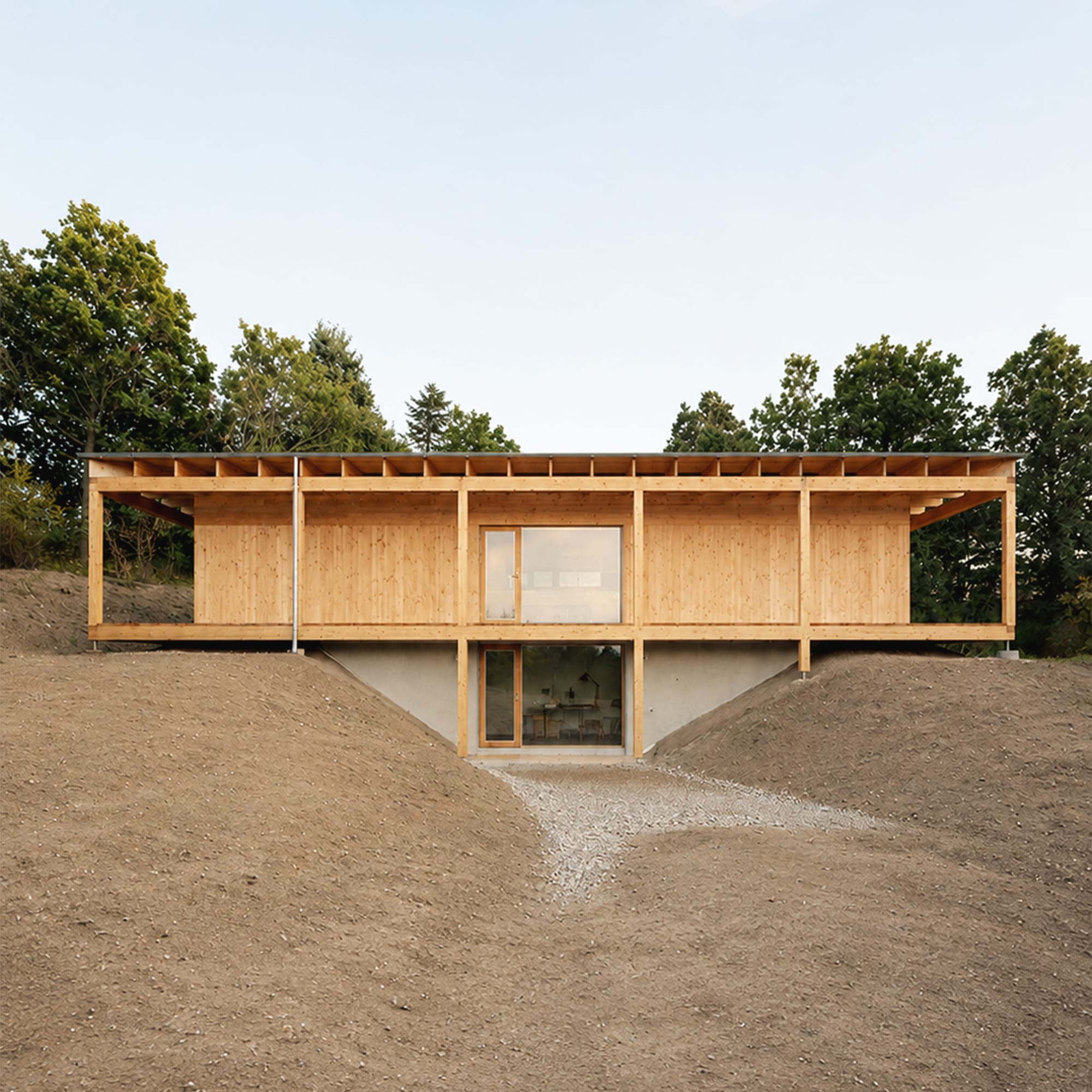 Minimal contemporary house with wooden frame structure in open landscape architecture photography