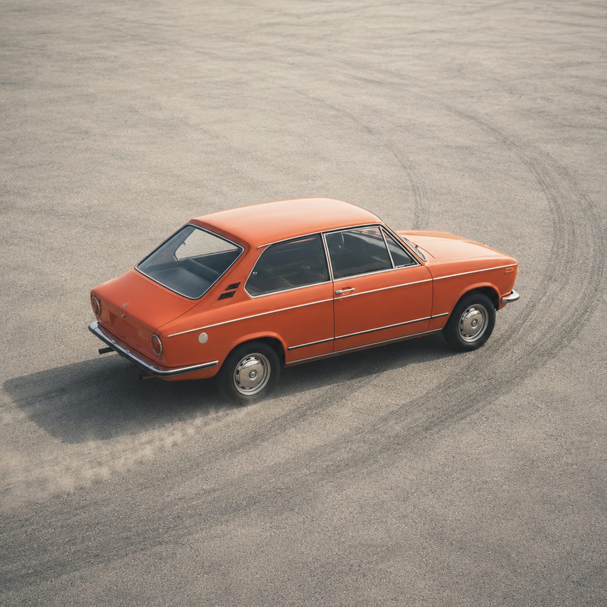 Vintage orange classic car on open road side profile automotive photography