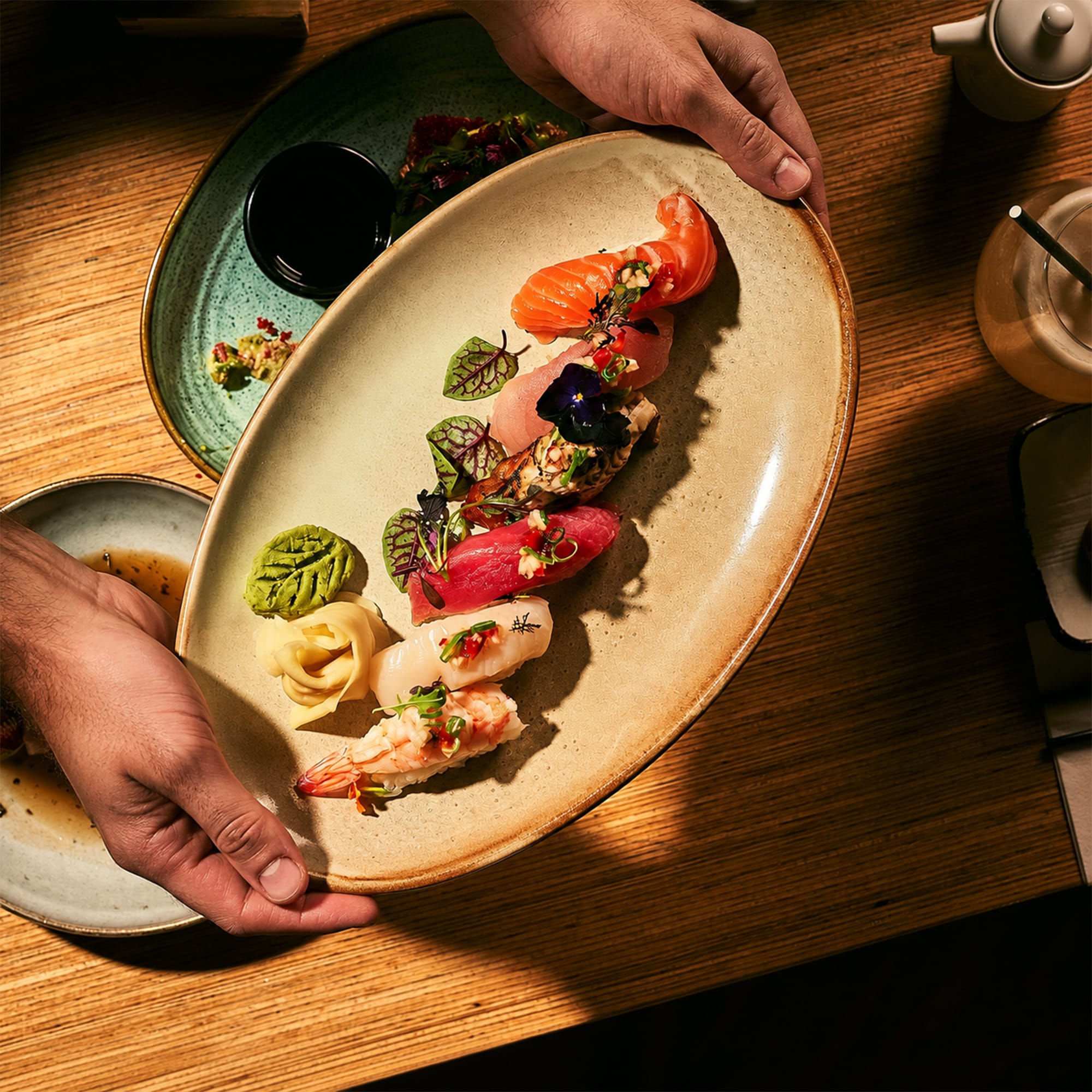 Colorful gourmet food plate on wooden table overhead shot