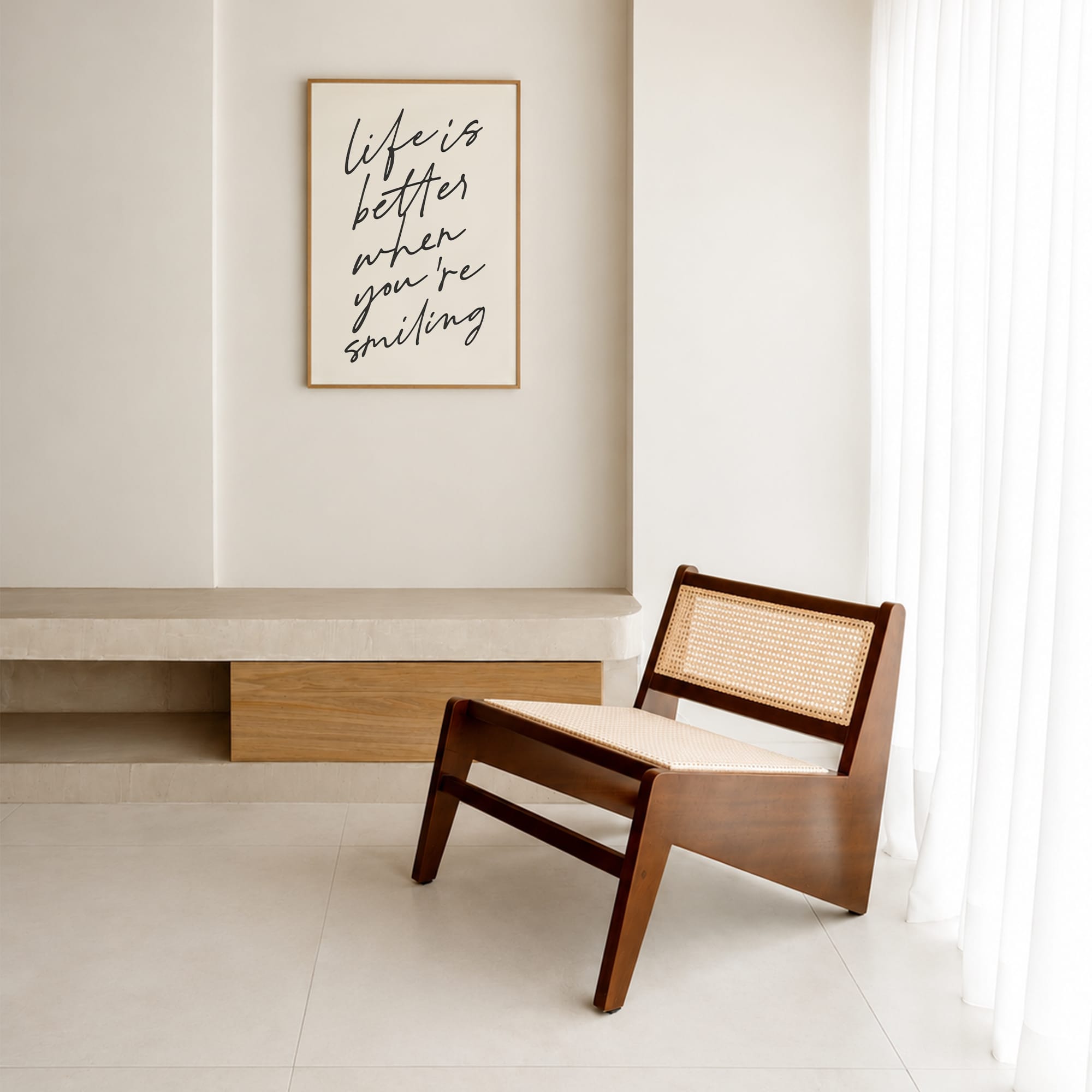 Minimal interior with wooden chair and framed quote on white wall warm natural light