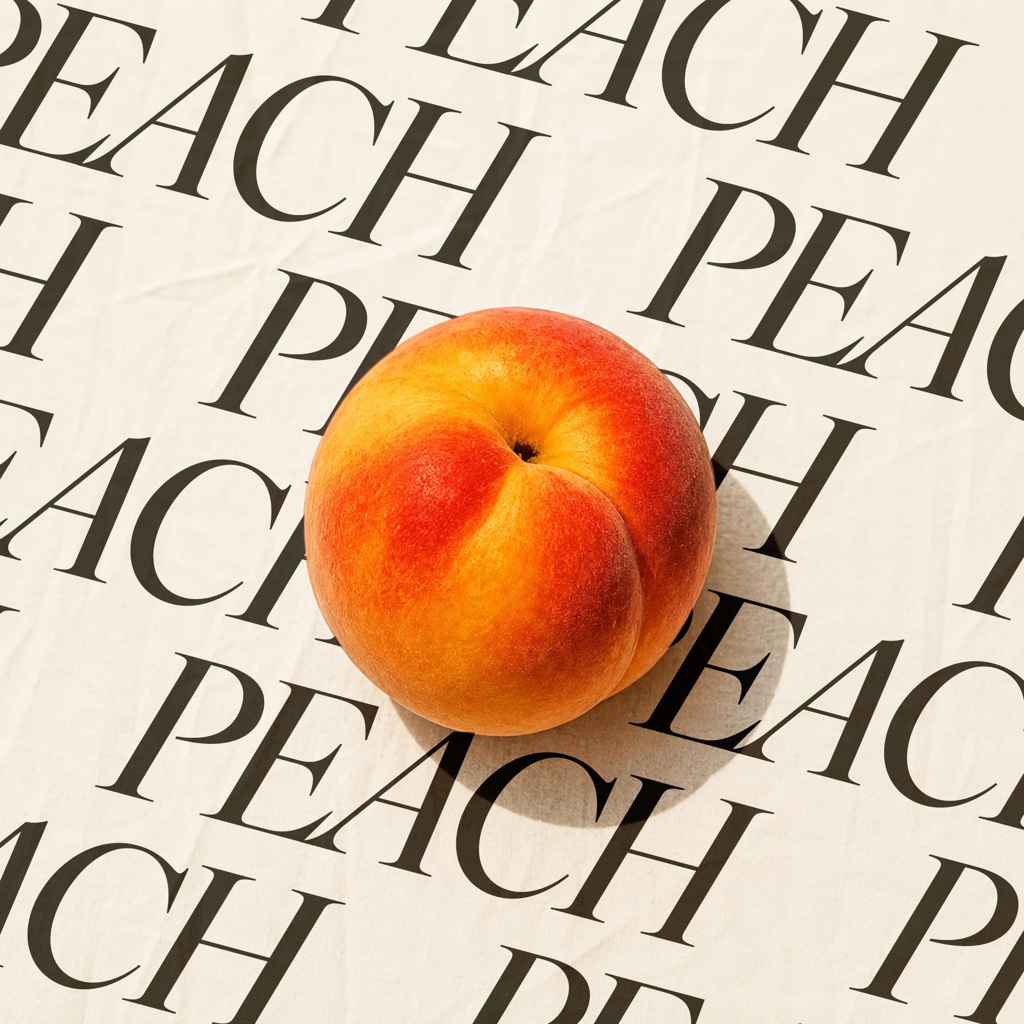 Peach fruit on bold repeating PEACH typographic background editorial food design