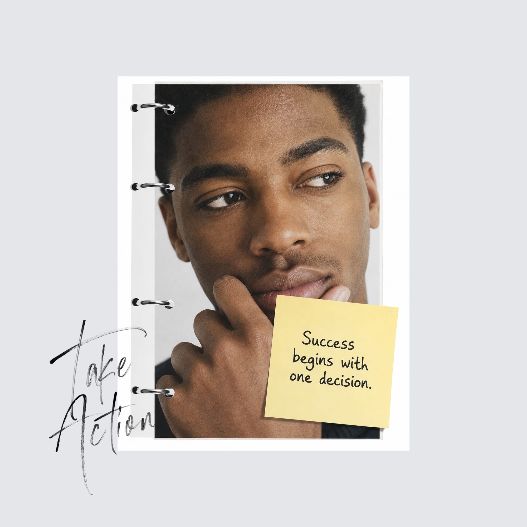 Editorial portrait of young man with sticky note reading Take Action